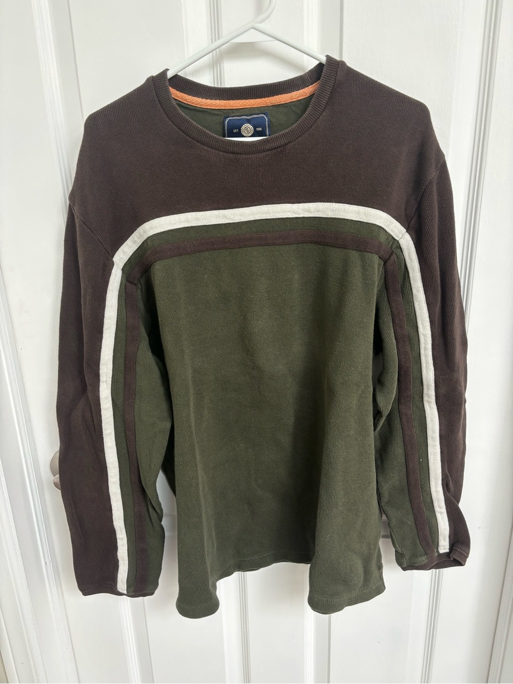Equipment Crewneck Pullover in Olive Green & Brown with Cream Trim